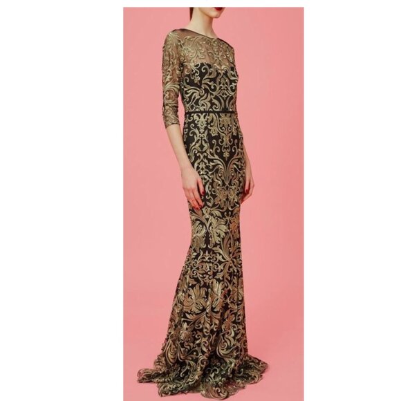 marchesa notte black and gold dress Aleah Floral Sequin Beaded Mesh Mermaid Dress main image 1